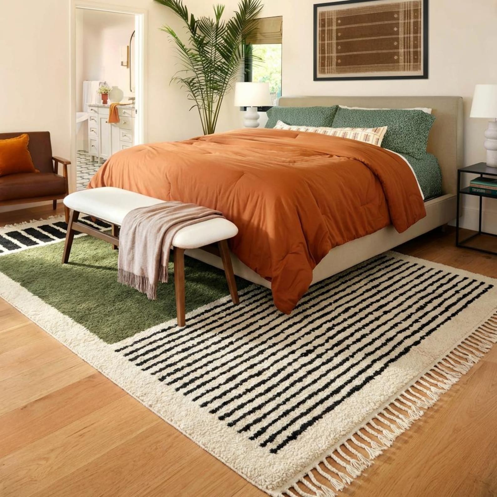 Olive Green Moroccan Rug - Geometric Striped Berber Carpet - Handmade Area Rug gallery