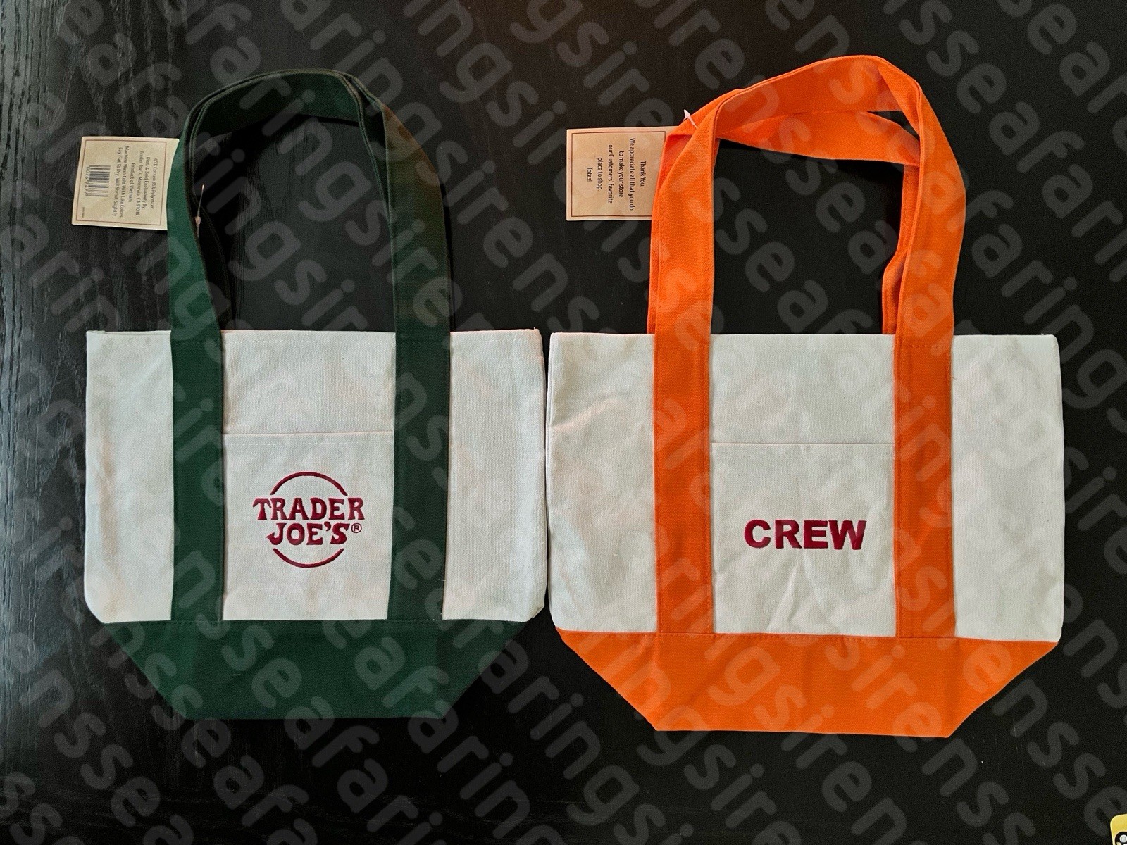 Trader Joe’s Mini Canvas Tote Bags - Set of 2 - Green w/ Orange Crew Bag - NWT! gallery