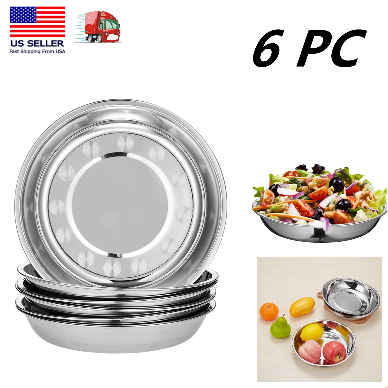 6 Pack Unbreakable Stainless Steel Plates 7" Dinner Plate Dish Camping Picnic gallery