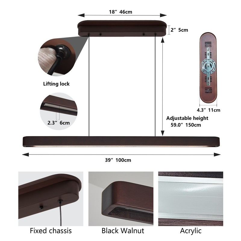 39 in 3CCT Modern Walnut Linear LED Pendant Chandelier Living Room Light Fixture gallery