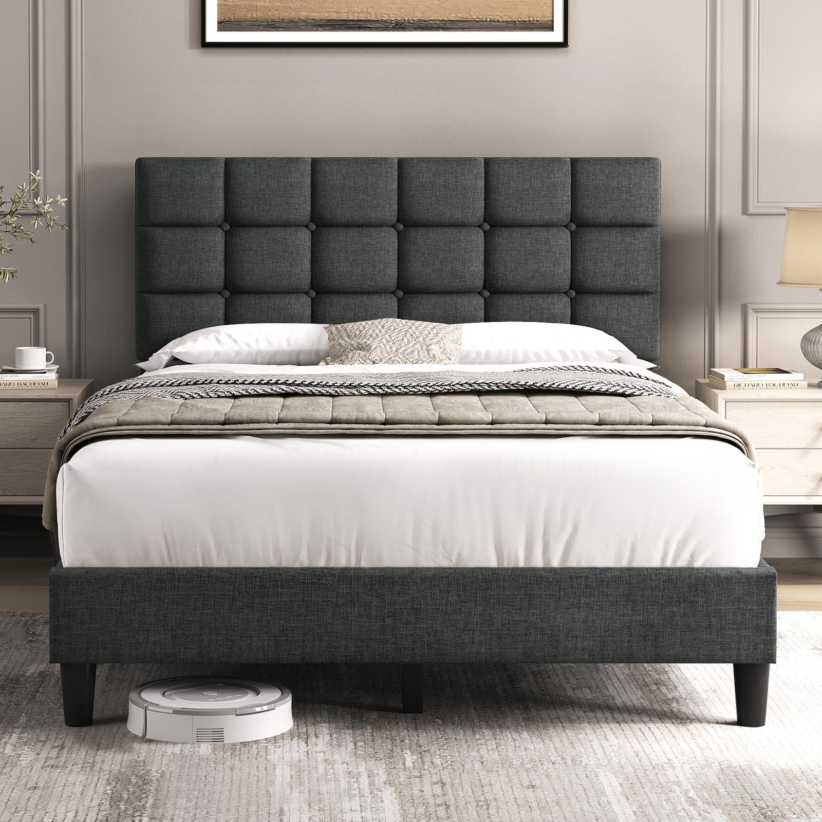Upholstered Bed Frame, Modern Full Bed Platform with Square Stitched, Dark Gray gallery