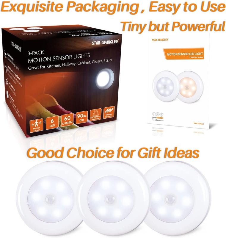 3 Pack 2.8” Motion Sensor Lights Indoor AAA Battery Operated, Stick on LED Puck gallery