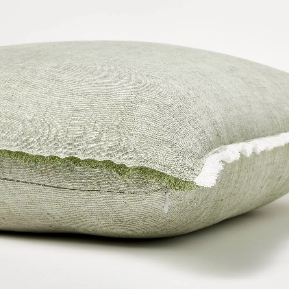 Oversized Reversible Linen Square Throw Pillow with Frayed Edges Green gallery