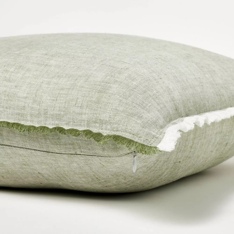 Oversized Reversible Linen Square Throw Pillow with Frayed Edges Green gallery