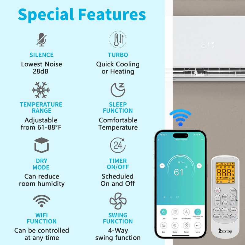 28000 BTU Tri 3 Zone Ductless Mini Split Heat Pump Air Conditioner 9K+9K+18K BTU gallery