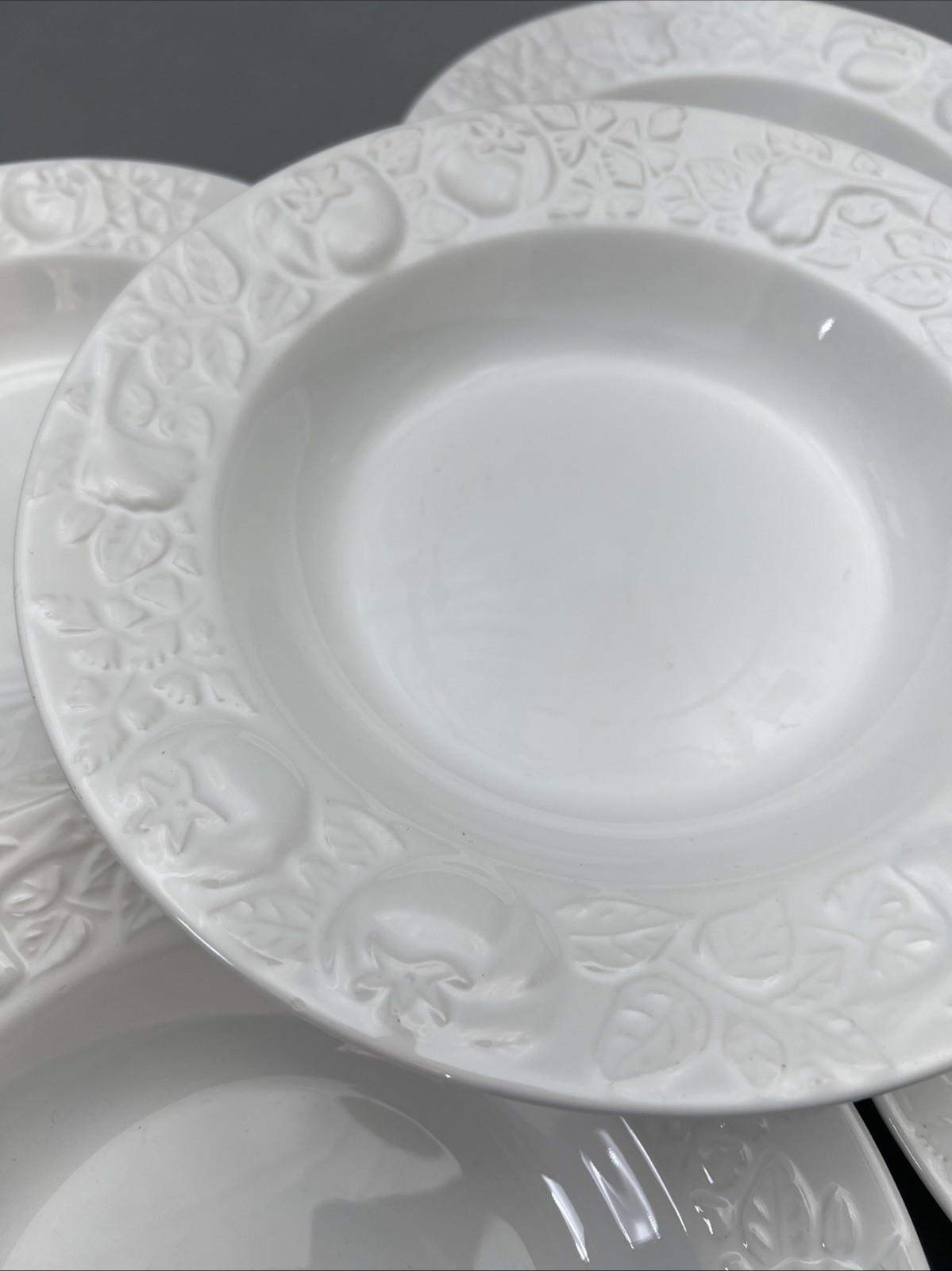 Set of 5 - Over and Back White Embossed Tomatoes 10 ½” Rimmed Soup Salad Bowls gallery