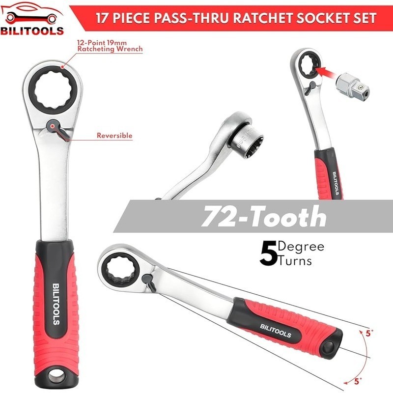 Pass Through Socket Set 19mm Ratchet Wrench Chrome Vanadium Steel 17 Pieces New gallery