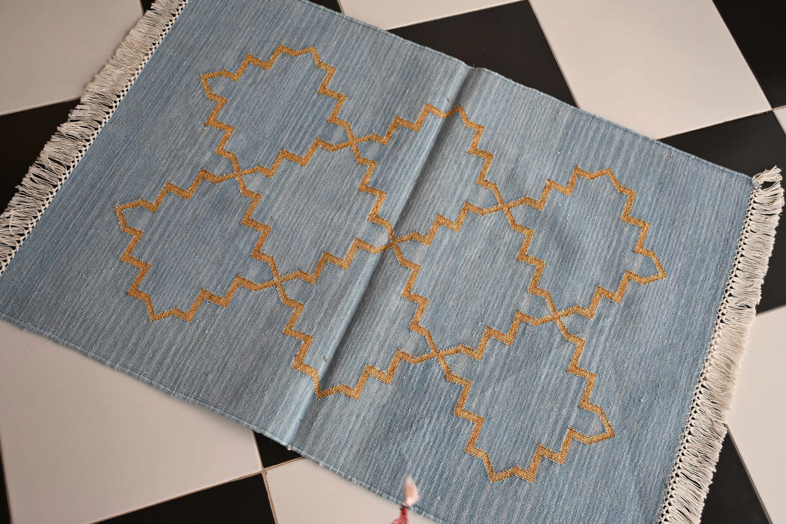 Rugmoda Cotton Blue Gold Moroccan Geometric 2.5x5 ft Area Rug for Living Room gallery