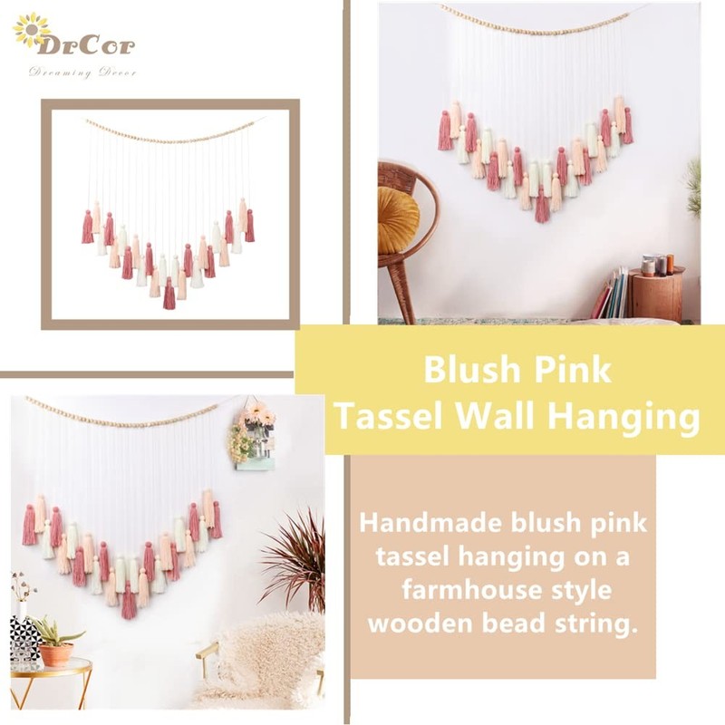 DrCor Blush Pink Boho Macrame Wall Hanging – Handmade Rose Gold Tassel Decor ... gallery