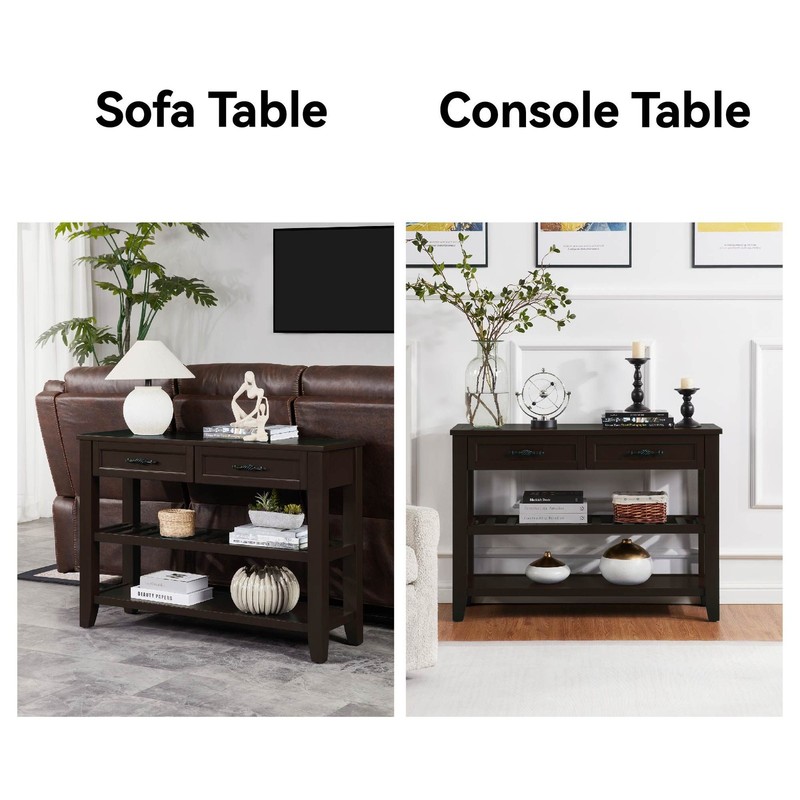 Retro Design Console Table with Two Open Shelves, Pine Solid Wood Frame and Legs gallery