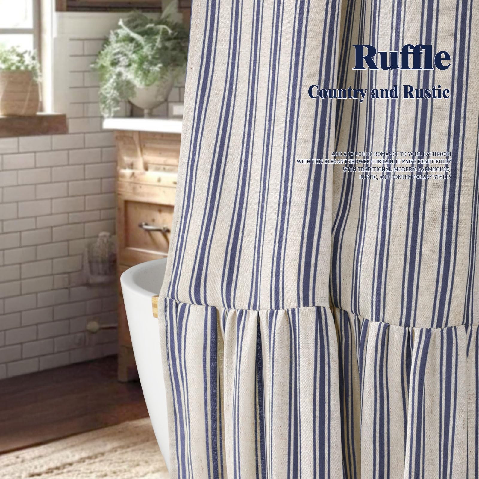 Farmhouse Shower Curtain Ruffle Hem Linen Cream Blue Stripe Fabric 72x72 inch gallery