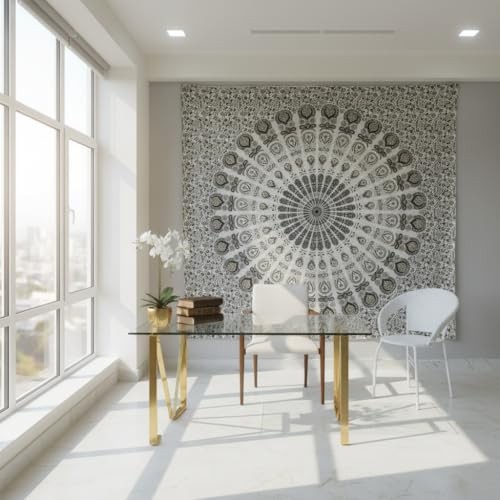Peacock Mandala Tapestry for Bedroom Living Room 108"L x 90"W White Gold gallery