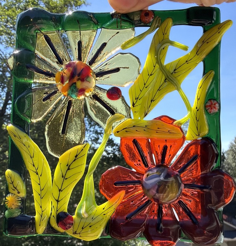 Fused Glass Handmade Rectangular Multicolor Sun Catcher Signed By Artist gallery
