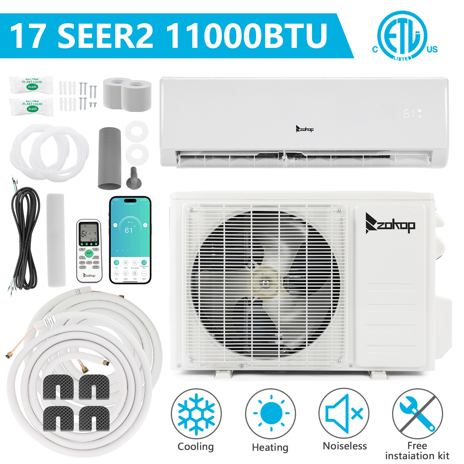 11,000 BTU Ductless Mini Split Air Conditioner, Heat Pump With/AC Unit KIT, Wifi gallery