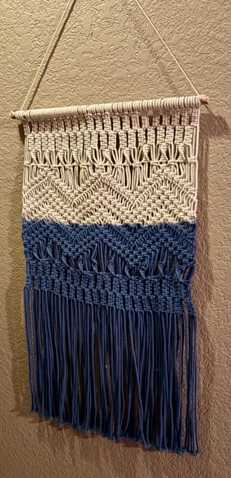 Beautiful Vintage Retro MACRAME WALL HANGING Blue and Beige BOHO HIPPIE!! gallery