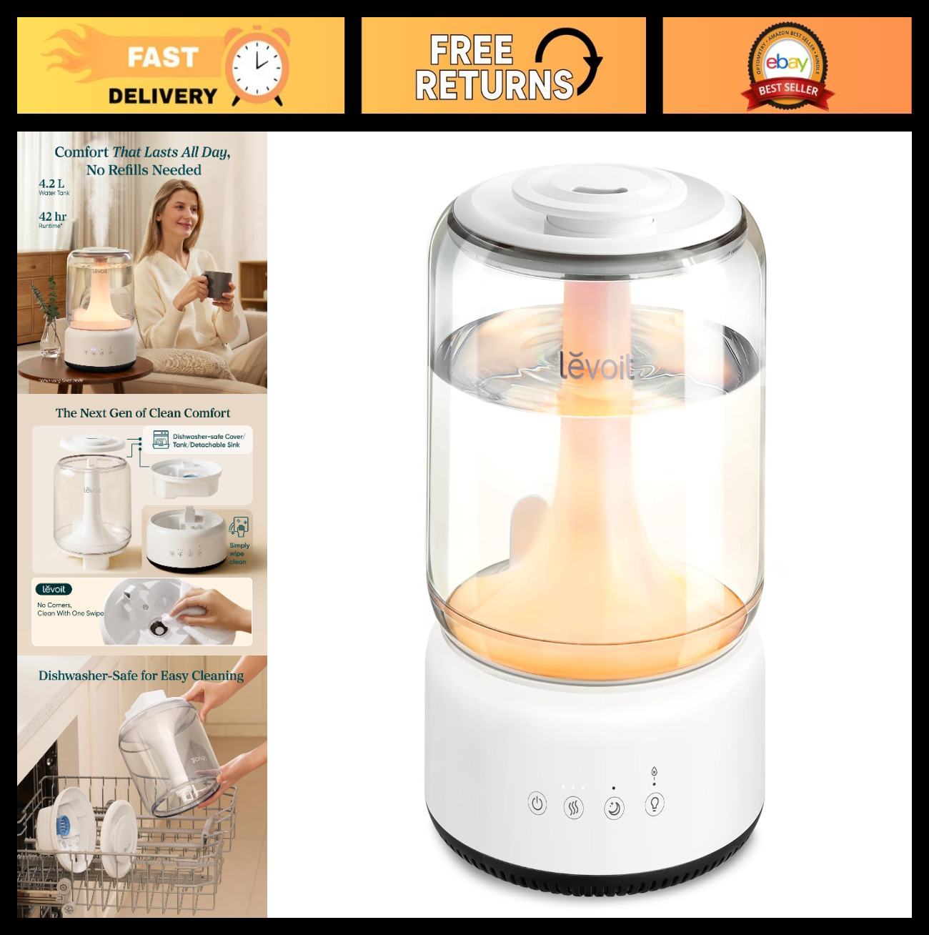 4.2L Top Fill Humidifier for Large Rooms, 42H Quiet Cool Mist, Easy Clean, Night gallery