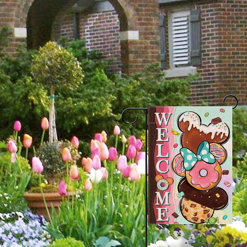 Welcome Cute Donuts Decorative Garden Flag, Pink Sweet Doughnut Chocolate Can... gallery