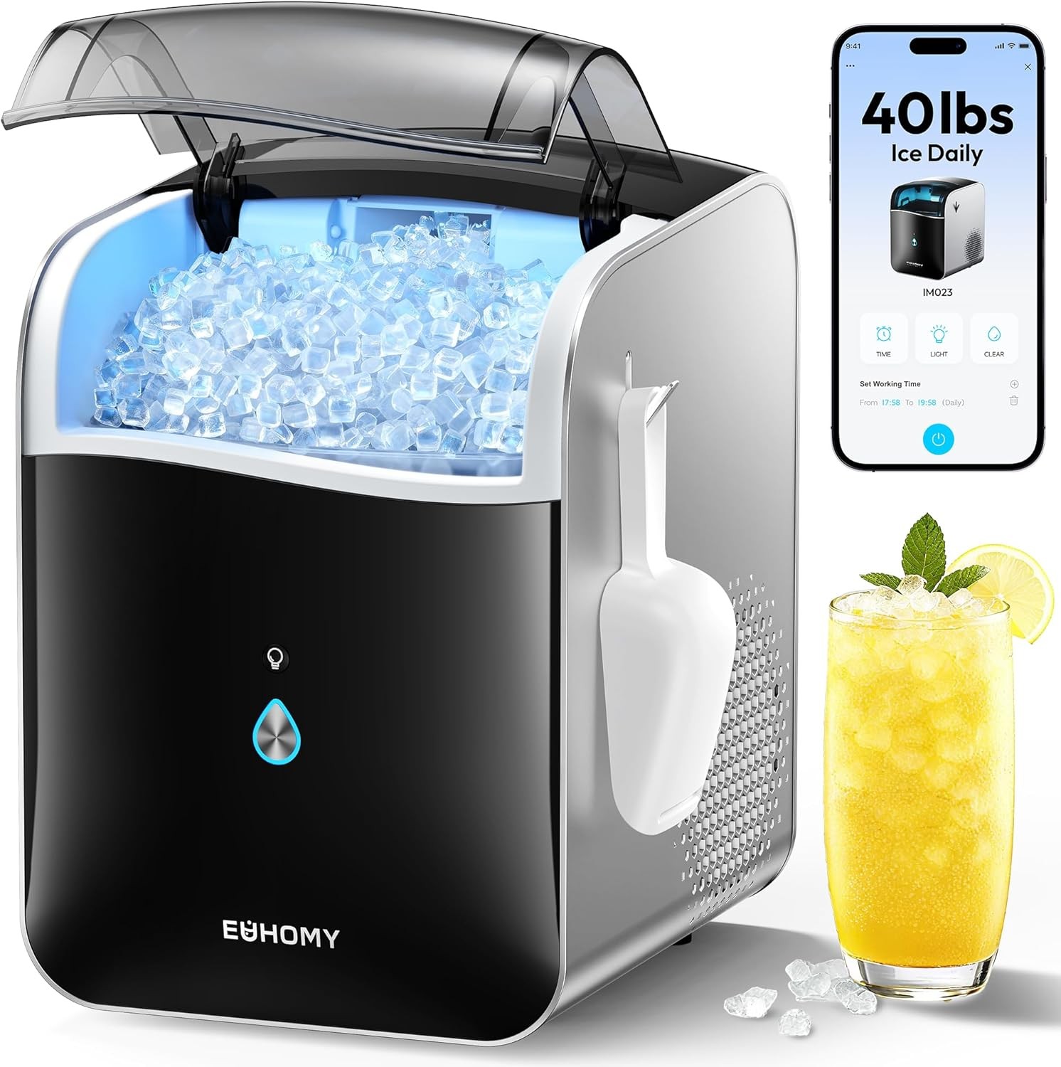 EUHOMY Smart Nugget Ice Maker Countertop 40lbs/Day, 7min Ice, App, Self Cleaning gallery