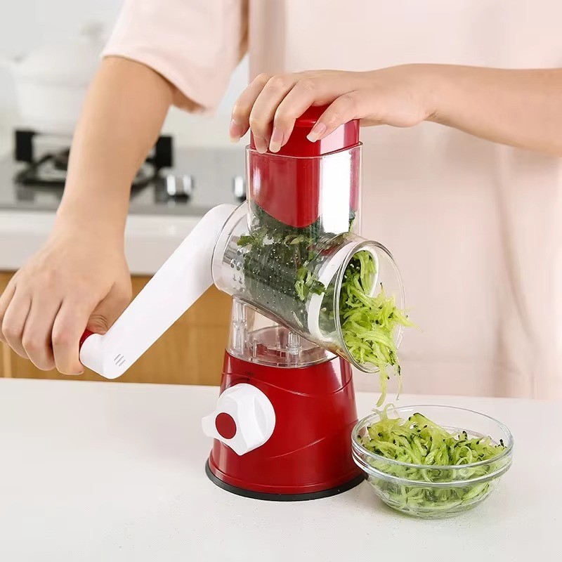 Manual Rotary Vegetable Cutter & Grater 3-Blade – Kitchen Food Slicer, Red gallery