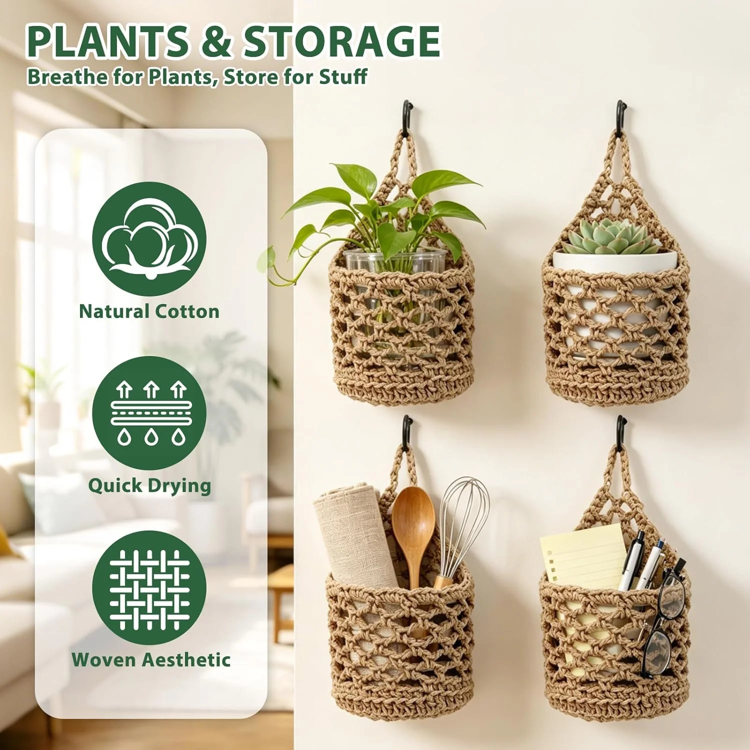 4 PCS 5-Inch Macrame Wall Plant Hangers, Small Wall Hanging Plant Holder with Ho gallery