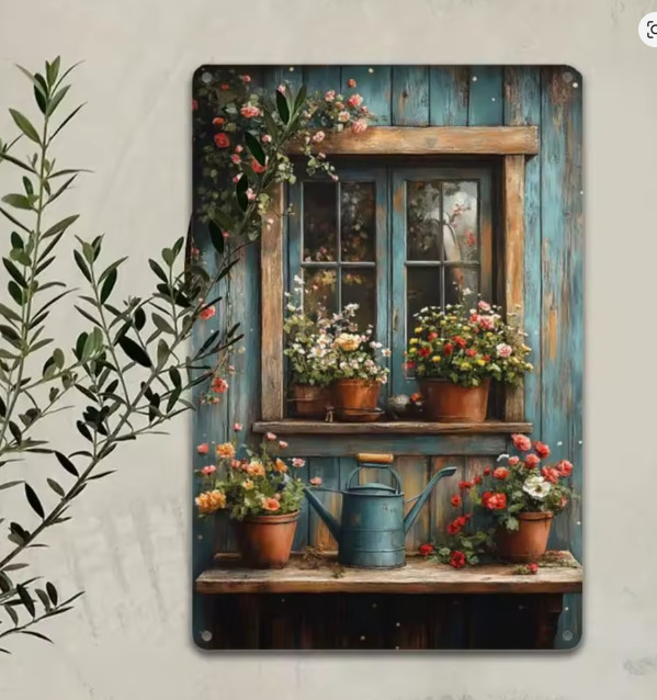 Rustic Vintage Wall Decor Farmhouse French Country Flower Pots Window Metal Sign gallery