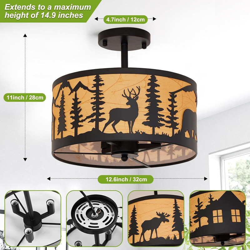 Rustic 3-Light Semi-Flush Mount Ceiling Light with Deer & Bear Design gallery