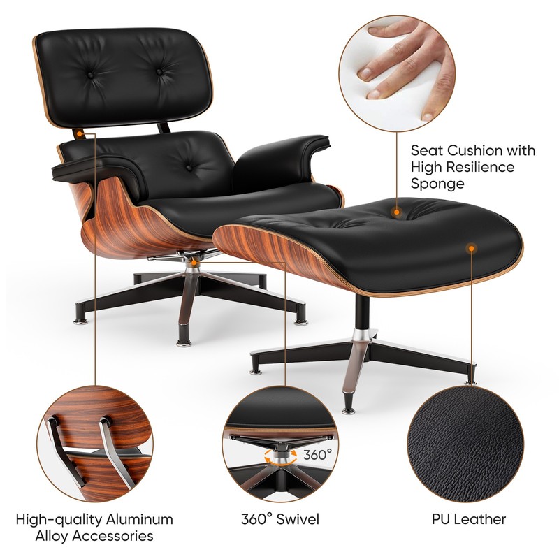Mid Century Tall Eames Chaise Lounge Chair With Ottoman Footstool Set Rosewood gallery
