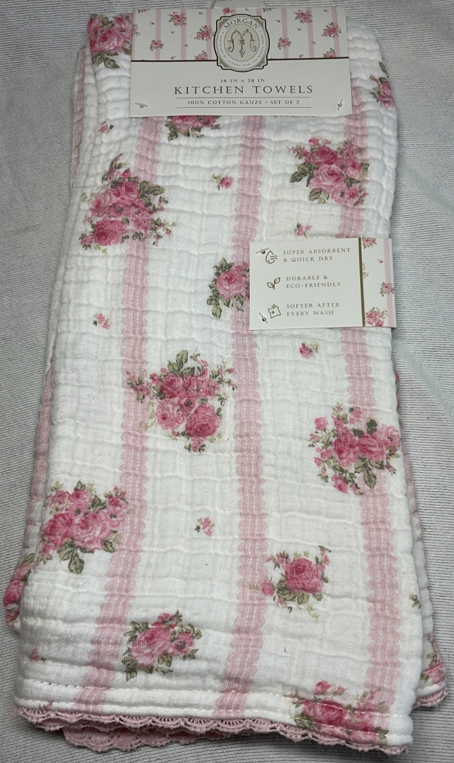 MORGAN KITCHEN TOWELS (2) PINK BOUQUETS STRIPES 100% COTTON GAUZE NIP gallery