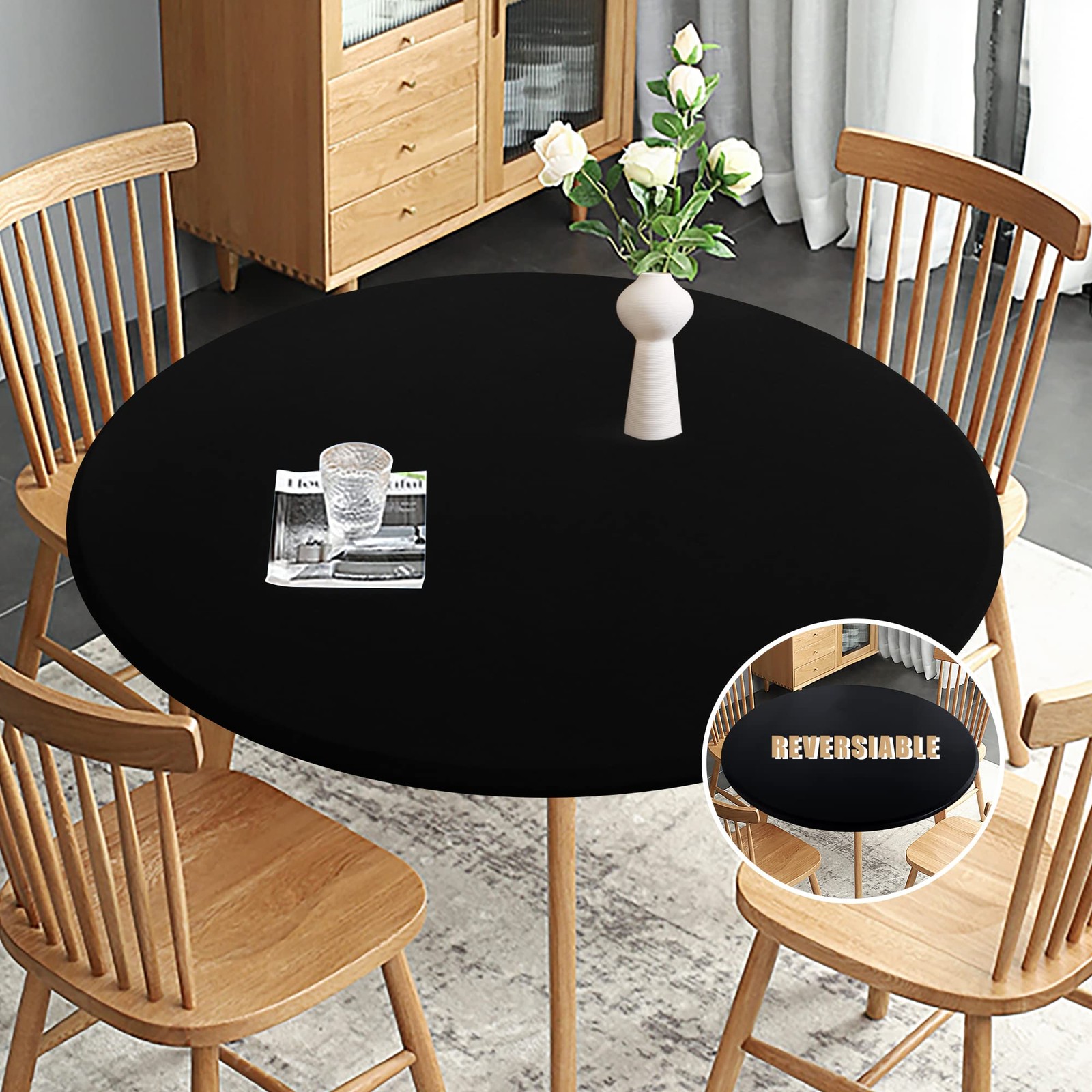 Fitted Round Table Cloth, Reversible Waterproof Stain Resistant Elastic Stretch gallery