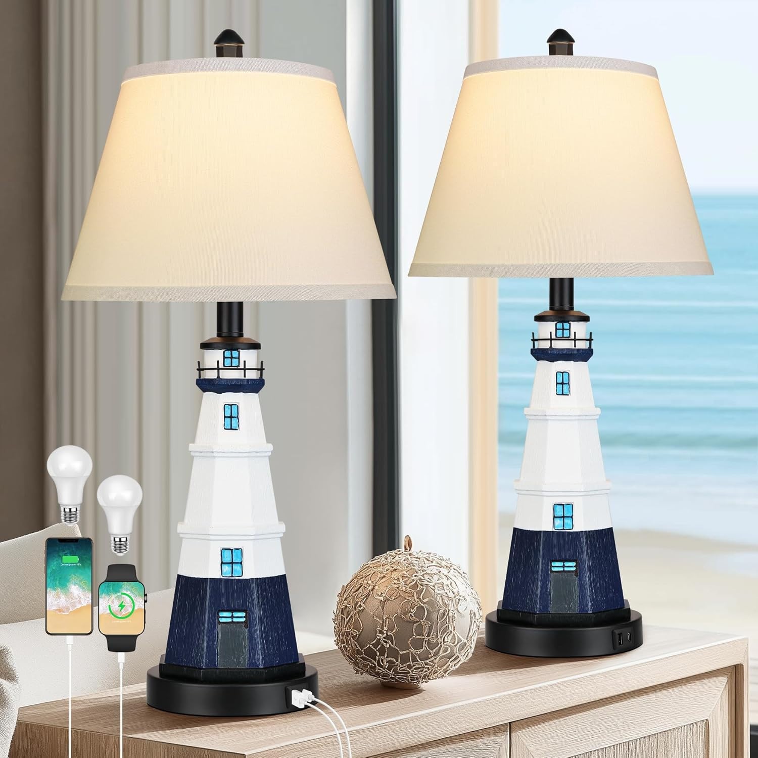 WIHTU Modern Lighthouse Table Lamps Set of 2 White Navy Blue Bedside Nautical gallery