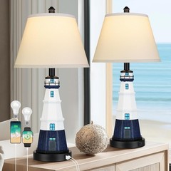 WIHTU Modern Lighthouse Table Lamps Set of 2 White Navy Blue Bedside Nautical