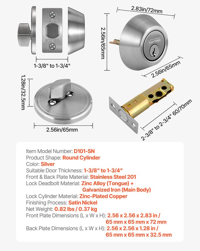 VEVOR Deadbolt Lock Round Single Cylinder Dead Bolt Keyed 1 Side Satin Nickel gallery