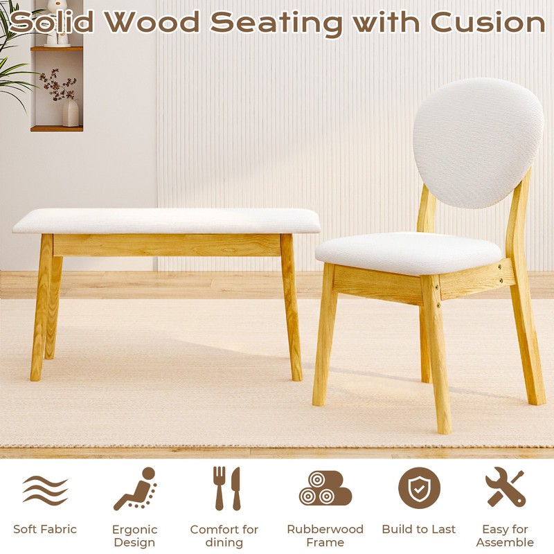 4 Piece Dining Table Set Solid Rubber Wood 2 Padded Chairs Bench Natural Kitchen gallery