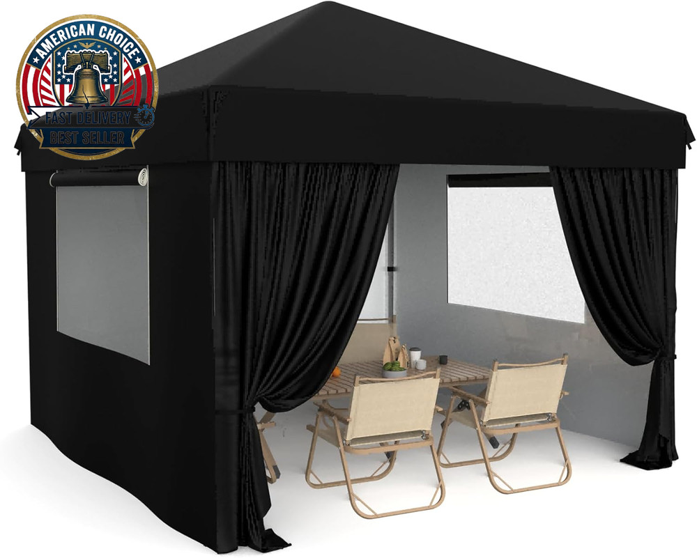 10X10 Pop up Canopy with Removable 4 Sidewalls - Easy up Camping Tent with One B