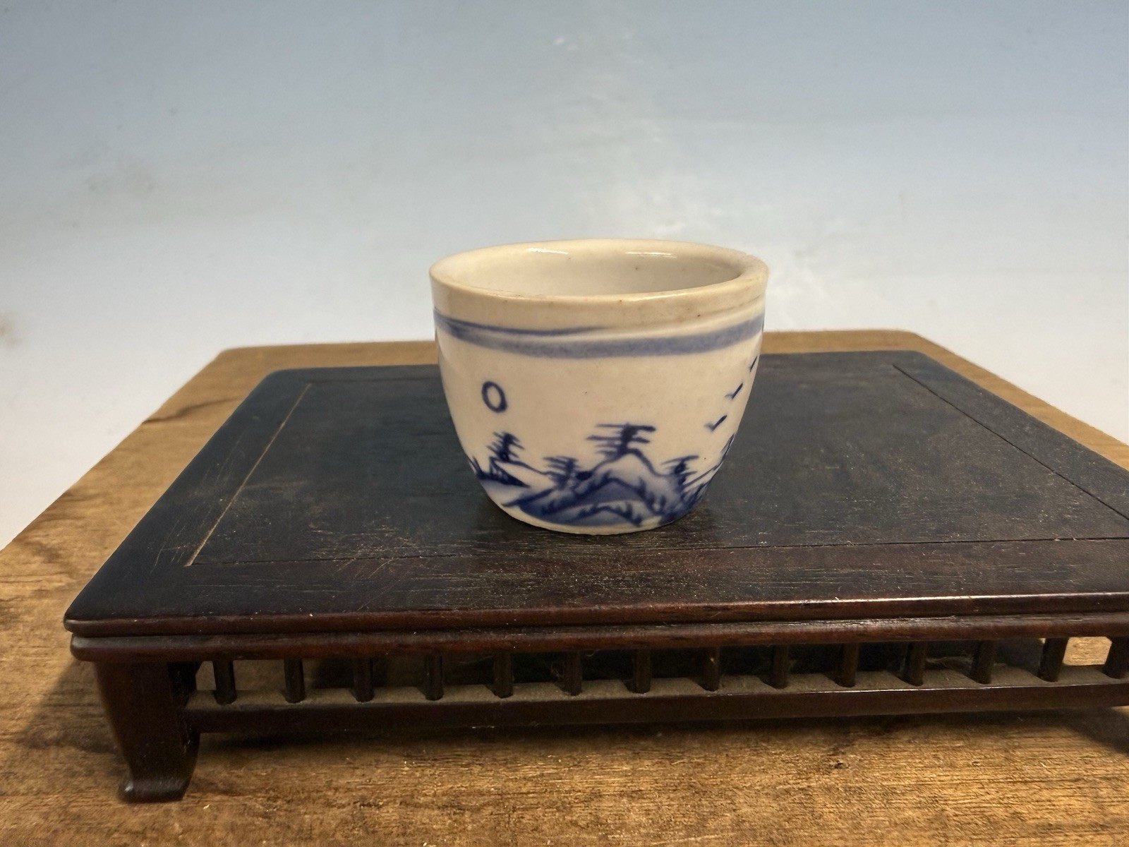 Japanese Unknown Maker Shohin Bonsai Tree Pot 1 7/8 By 1 3/8” Blue And White gallery