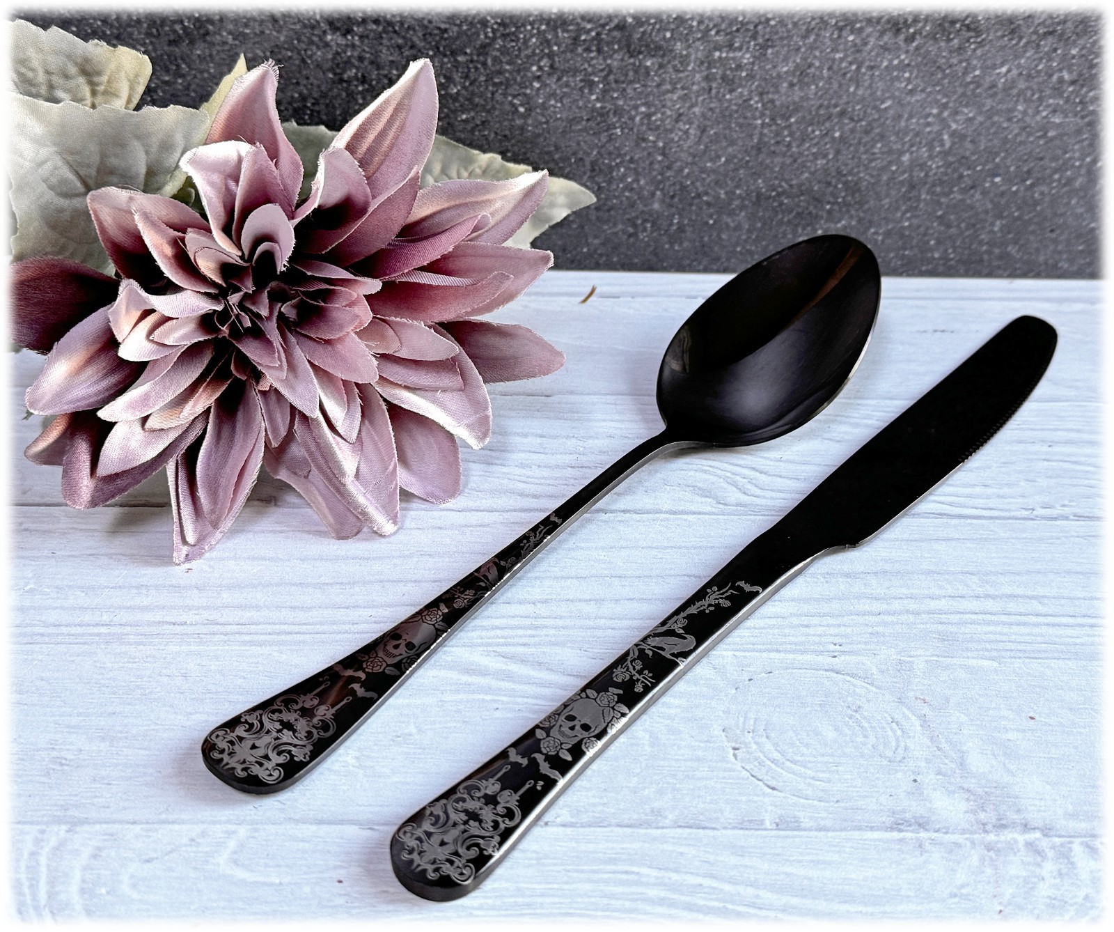 NEW Halloween Skull Gothic Design Matte Silver Black Stainless Flatware CHOOSE gallery