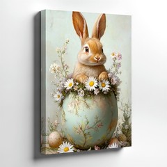 Wall Art Bunny Rabbit in Floral Easter Egg Daisies Spring Pastel Canvas Print