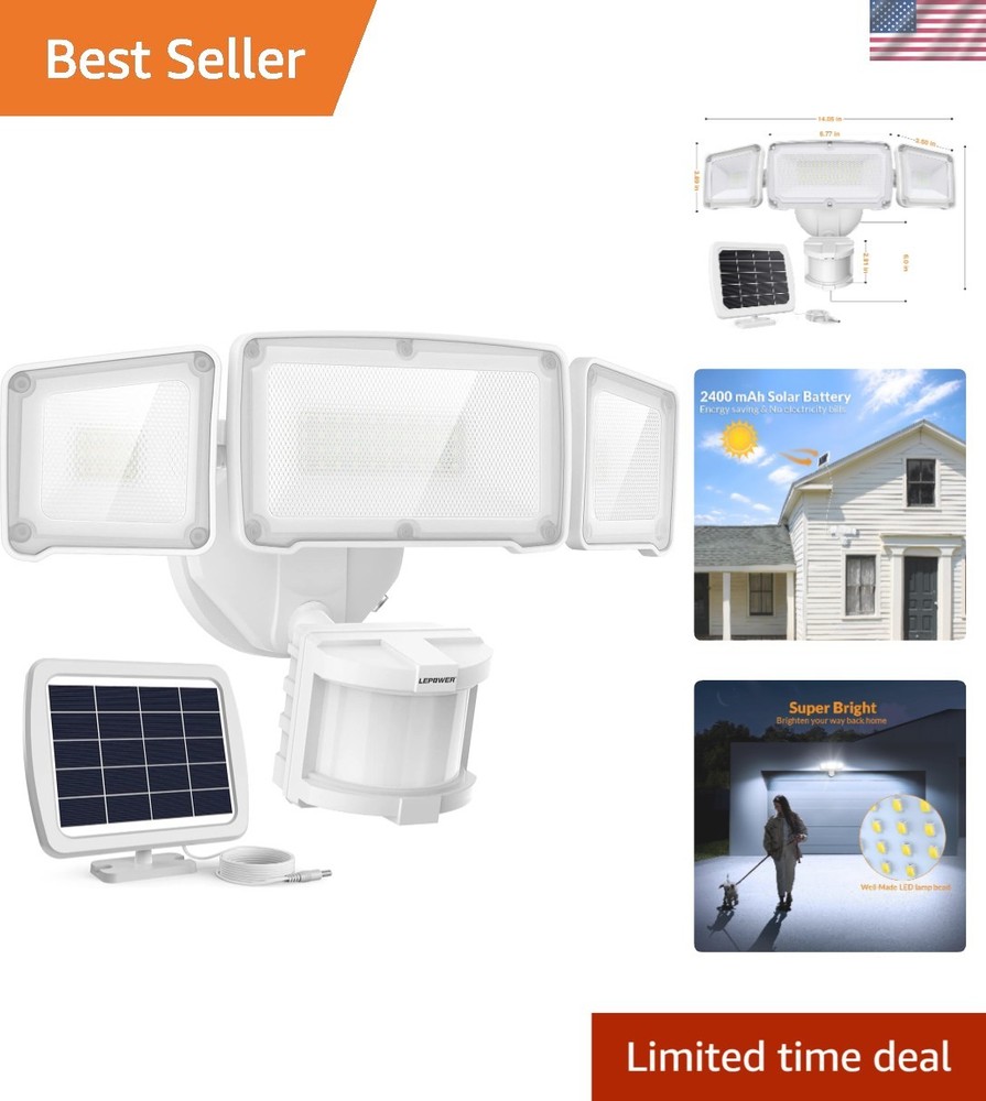 Solar Powered 3-Head Security Light: 1600LM, Waterproof & Motion Sensor