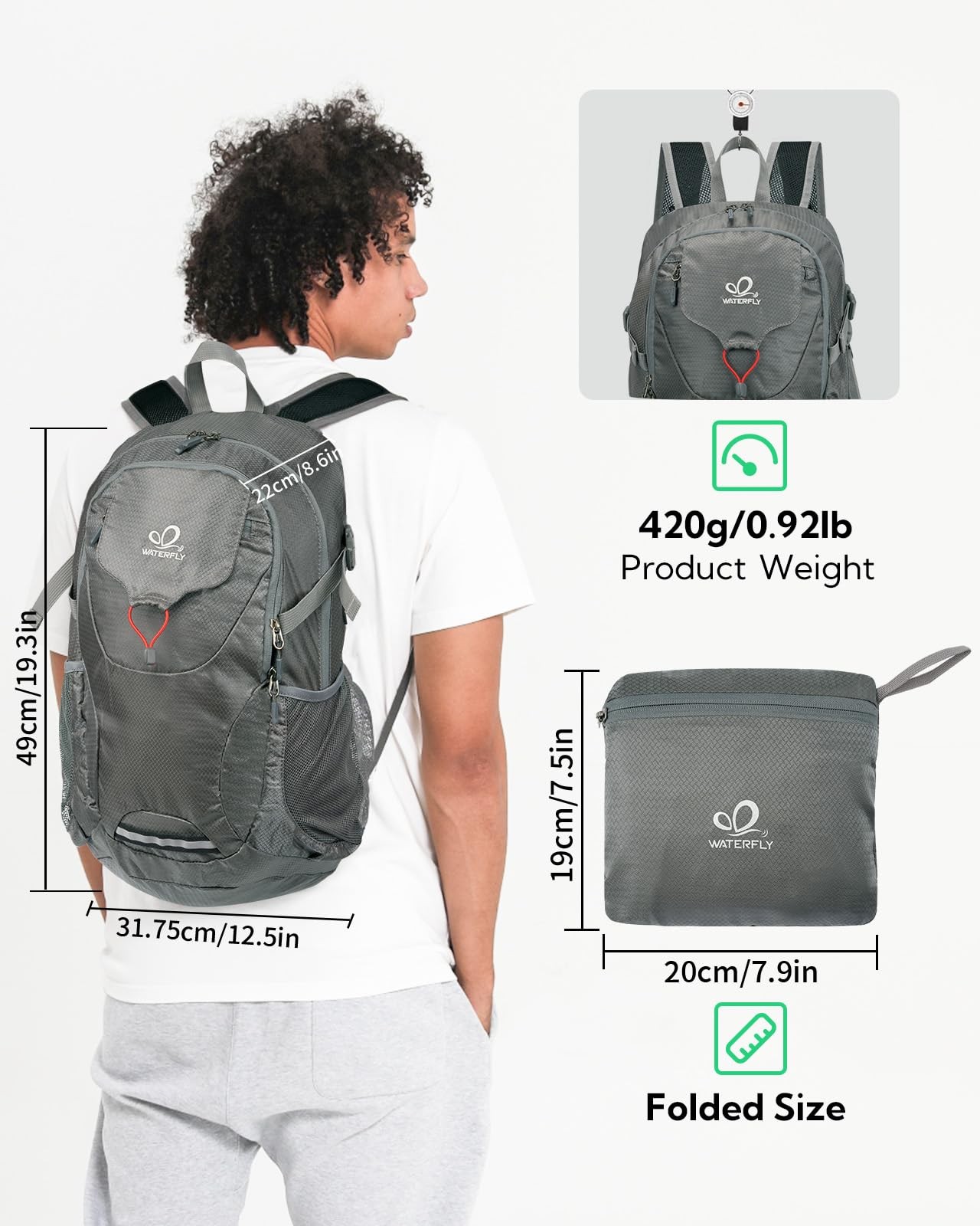 Grey 30L Lightweight Packable Hiking Backpack Foldable Travel Daypack Bag 2