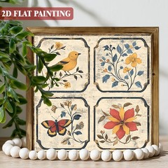 Simple Quad Grid Floral Bird Whitewashed Wooden Plaque Modern Tabletop Gift