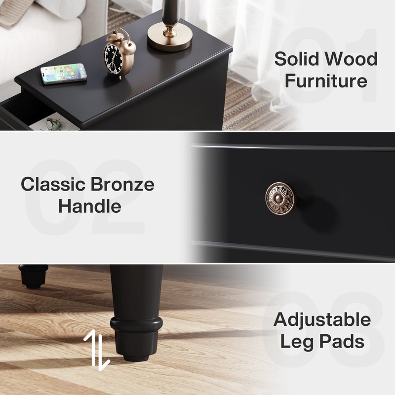 Solid Wood End Table, Fully Assembled Narrow Side Table with 3 Drawers Black gallery