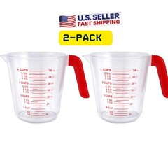 2 PACK Clear Plastic 4 Cup Measuring Cup with Red Handle – 32 oz Kitchen Measure