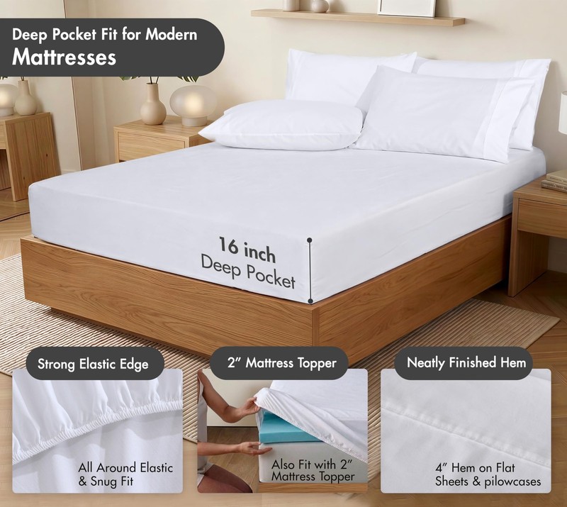 100% Cotton Percale Sheets Split King Size 7 Piece Set, Cooling Bed Sheets fo... gallery