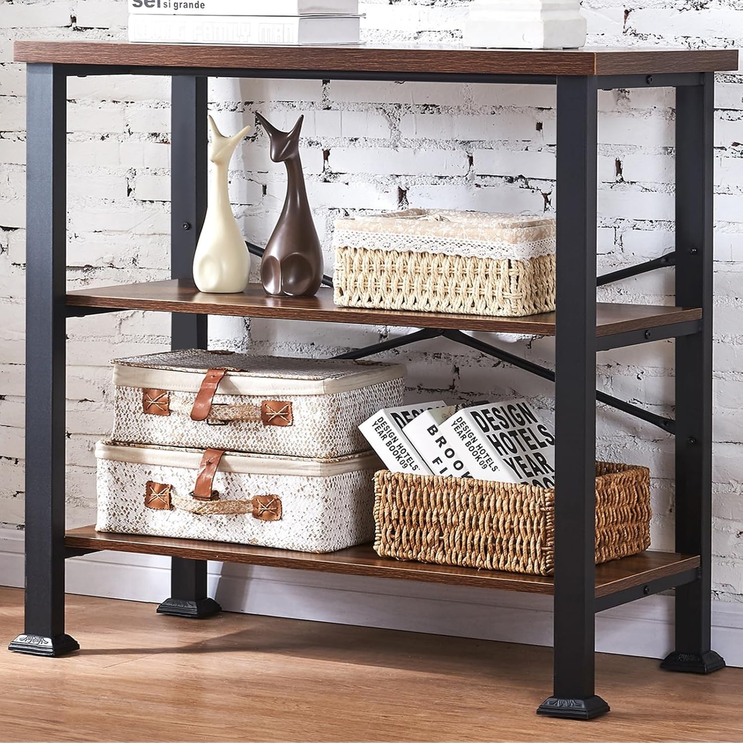 3 Tier Bookshelf Rustic Brown Industrial Book Shelf Engineered Wood & Metal Deep gallery