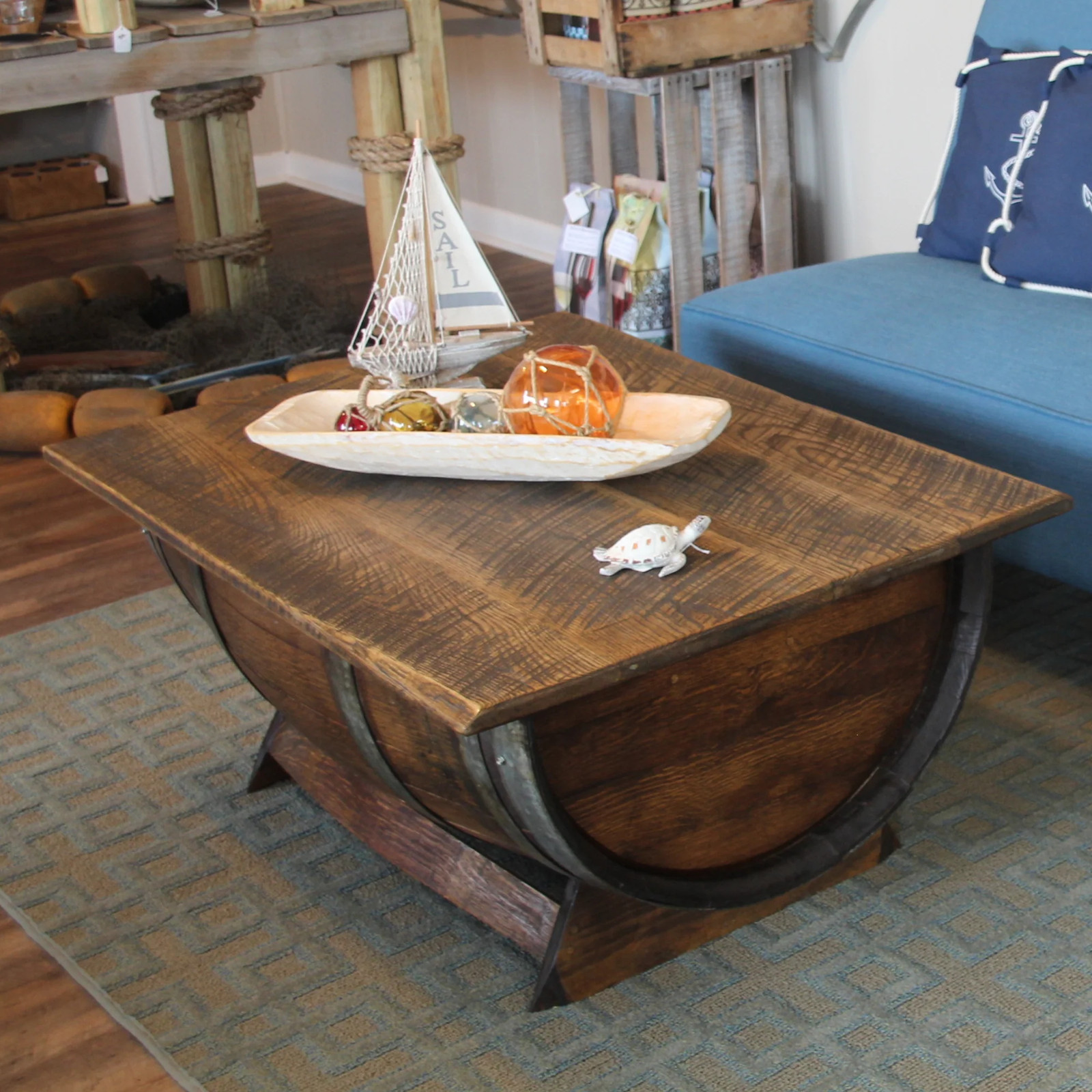 Wine/ Whiskey Barrel Coffee Table with Lifting Top gallery
