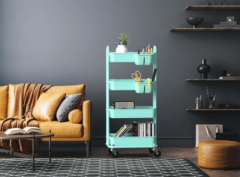 4-Tier Multifunctional Rolling Utility Cart with Hanging Buckets, Turquoise gallery