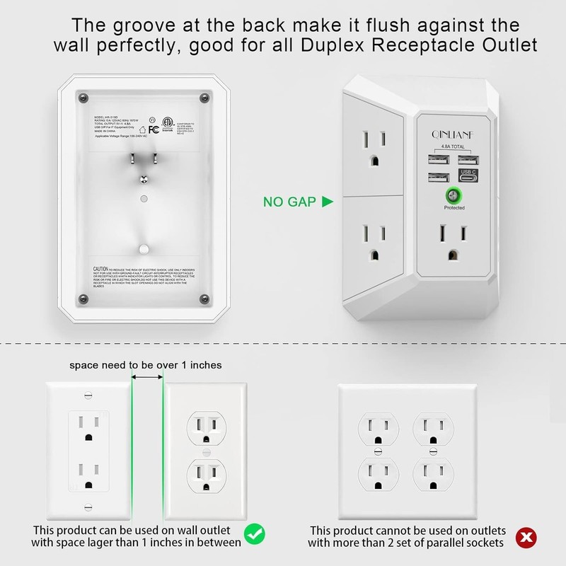 5 Outlet Extender Surge Protector Multi Plug Wall Adapter USB Charger Ports with gallery