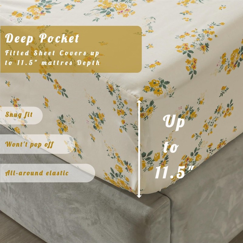 100% Cotton Percale Sheets for Size Bed - 14 Inches Deep King Yellow Floral gallery