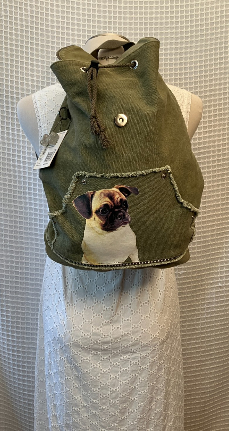FUZZYNATION Backpack, Pug, Army Green Canvas with Tag, Pre-Owned 4