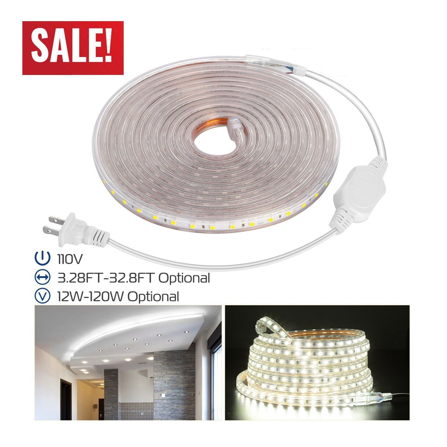 5050 LED Strip Light Flexible Tape Lighting Rope Home Outdoor With US Plug 110V gallery